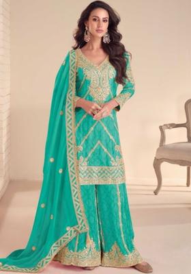 Turquoise Blue Printed Chinon Kurta Sets
