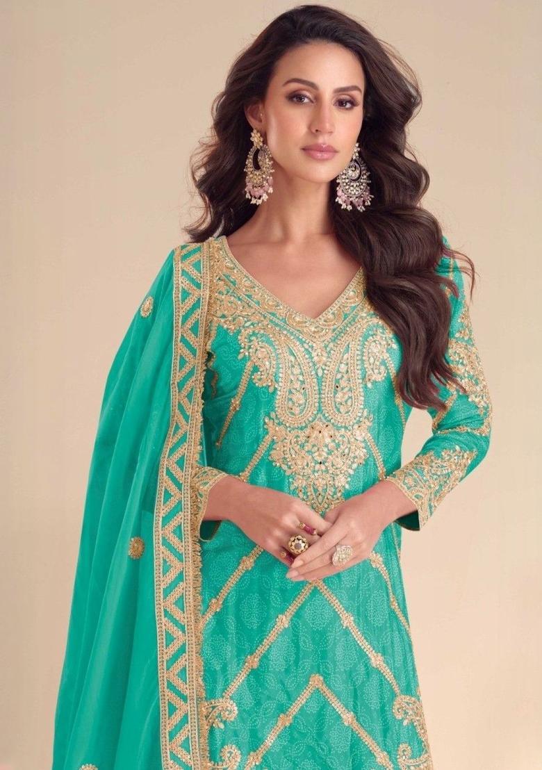 Turquoise Blue Printed Chinon Kurta Sets - Indya