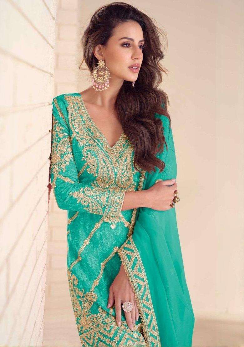 Turquoise Blue Printed Chinon Kurta Sets - Indya