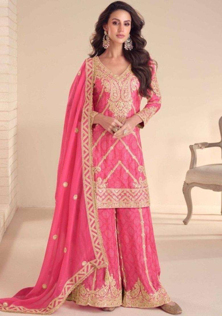 Pink Printed Chinon Kurta Sets - Indya