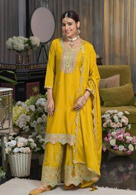 Yellow Embroidered Chinon Kurta Sets