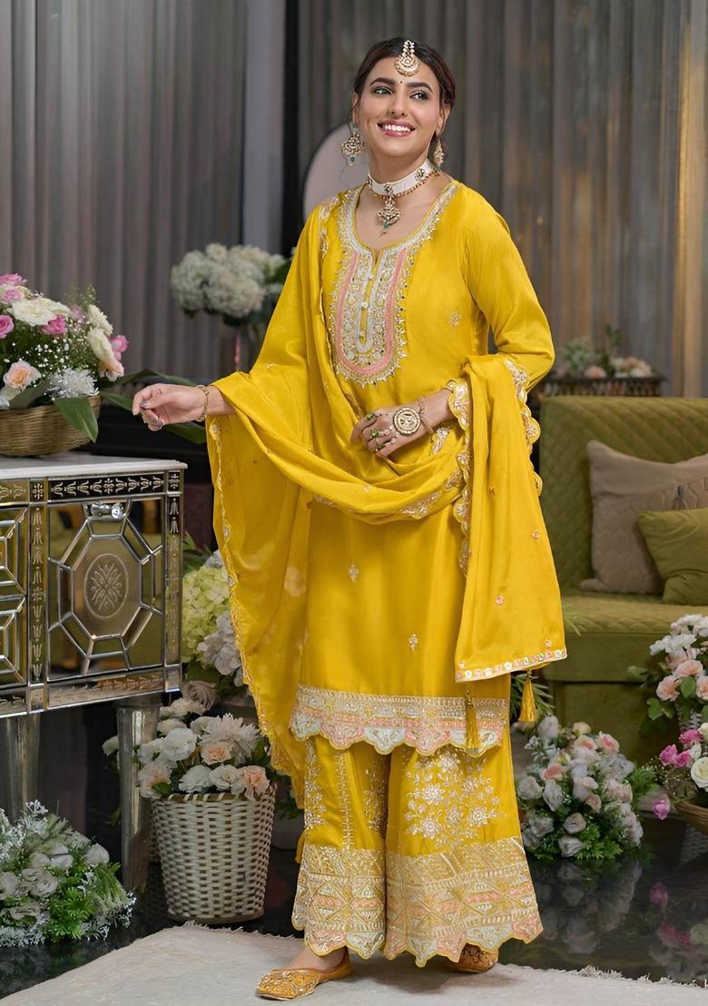 Yellow Embroidered Chinon Kurta Sets - Indya