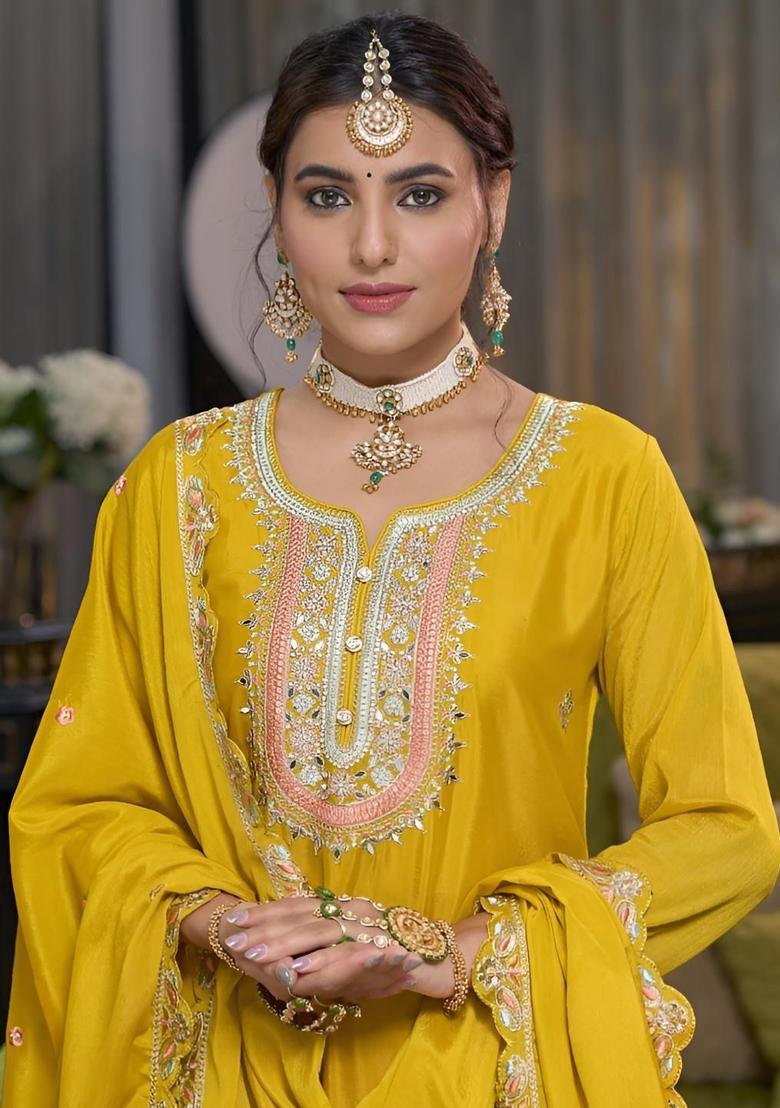 Yellow Embroidered Chinon Kurta Sets - Indya
