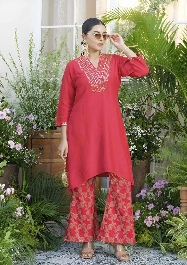 Red Printed Silk Blend Kurta Sets - Indya