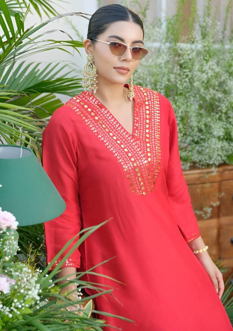 Red Printed Silk Blend Kurta Sets - Indya