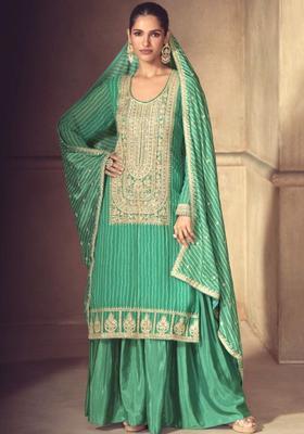 Green Embroidered Chinon Kurta Sets