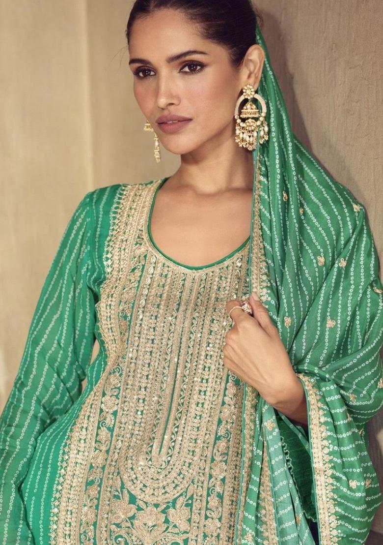 Green Embroidered Chinon Kurta Sets - Indya