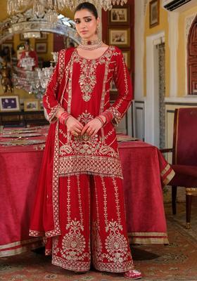 Red Embroidered Viscose Kurta Sets