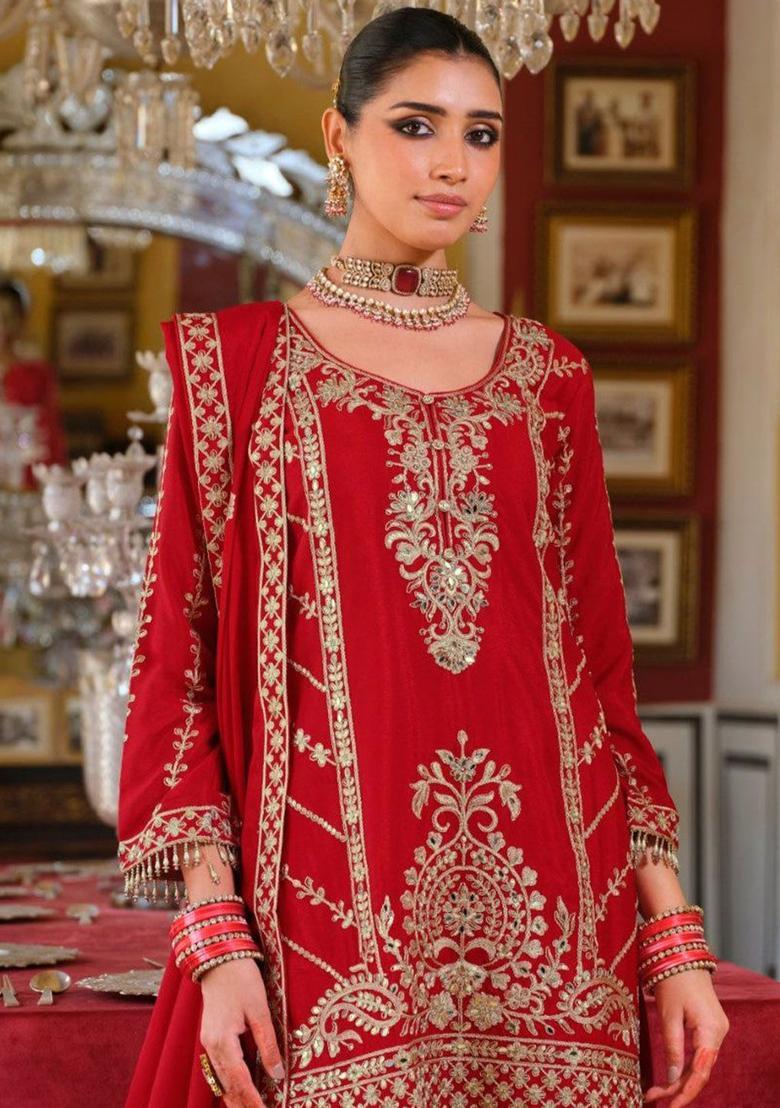 Red Embroidered Viscose Kurta Sets - Indya