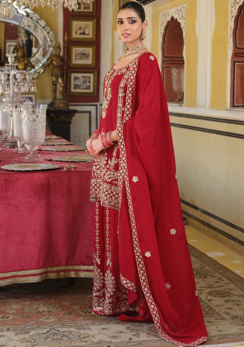 Red Embroidered Viscose Kurta Sets - Indya
