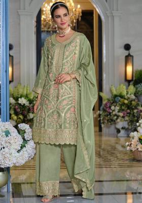 Green Embroidered Chinon Kurta Sets