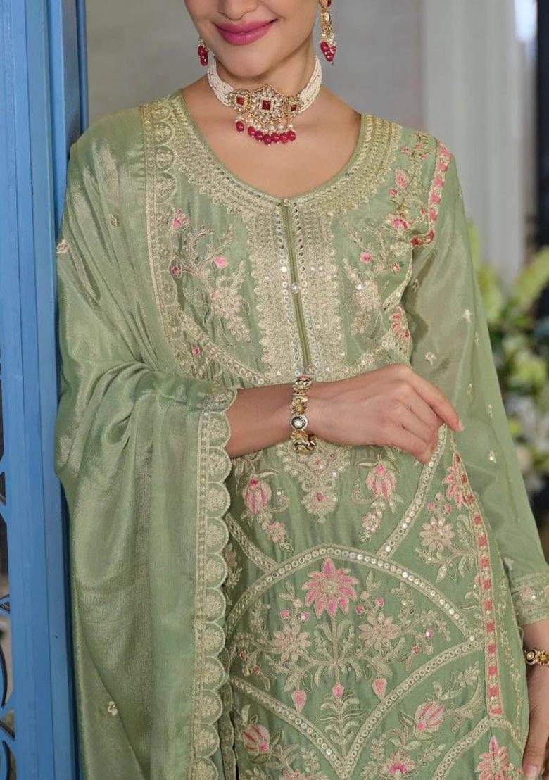 Green Embroidered Chinon Kurta Sets - Indya