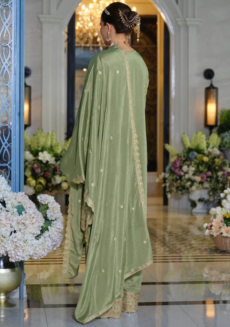 Green Embroidered Chinon Kurta Sets - Indya