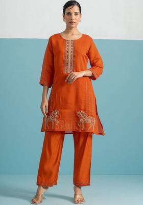 Rust Embroidered Cotton Kurta Sets