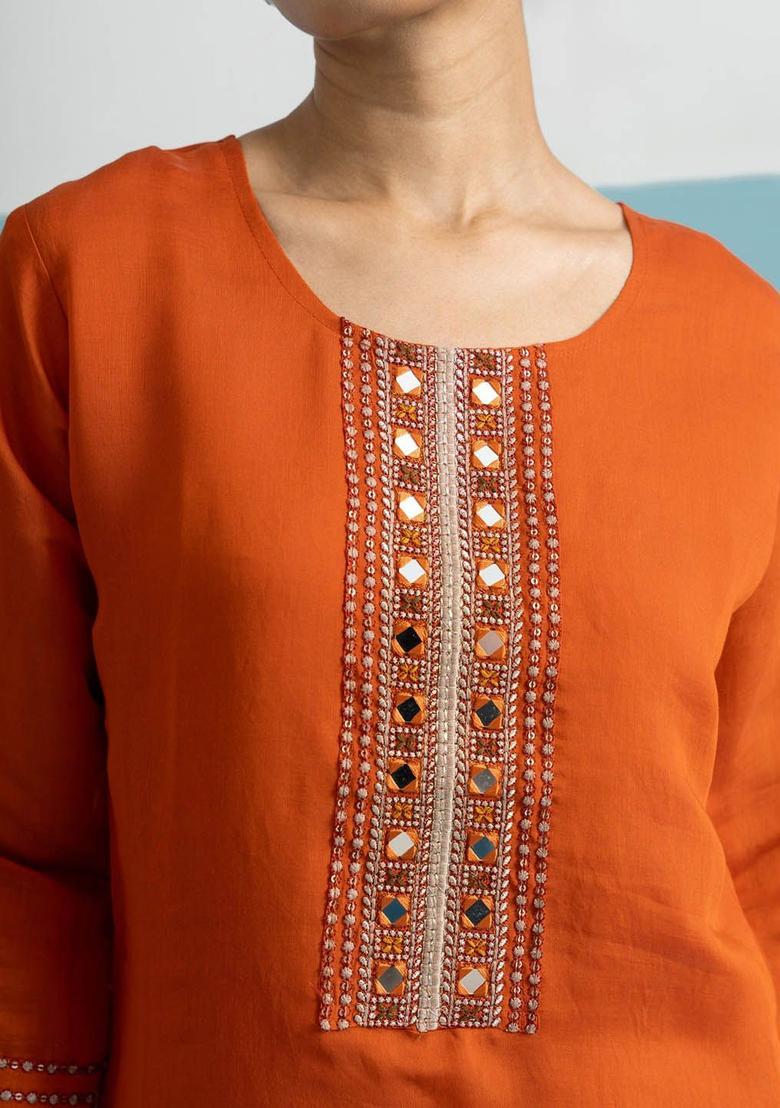 Rust Embroidered Cotton Kurta Sets - Indya