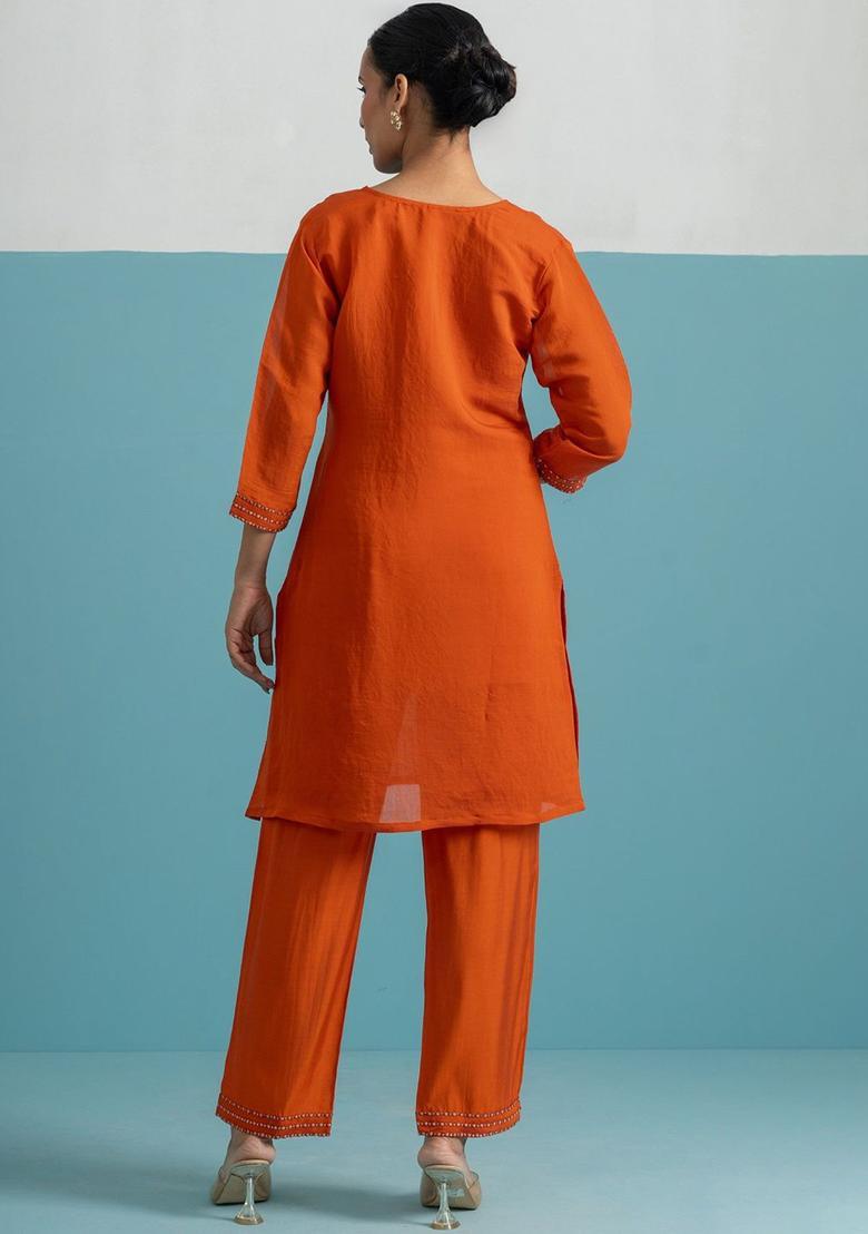 Rust Embroidered Cotton Kurta Sets - Indya
