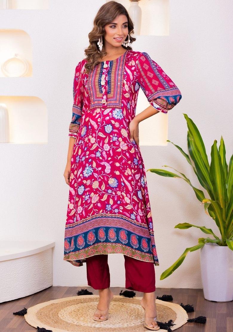 Pink Printed Silk Blend Kurta Sets - Indya