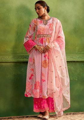 Pink Embroidered Cotton Anarkli Sets
