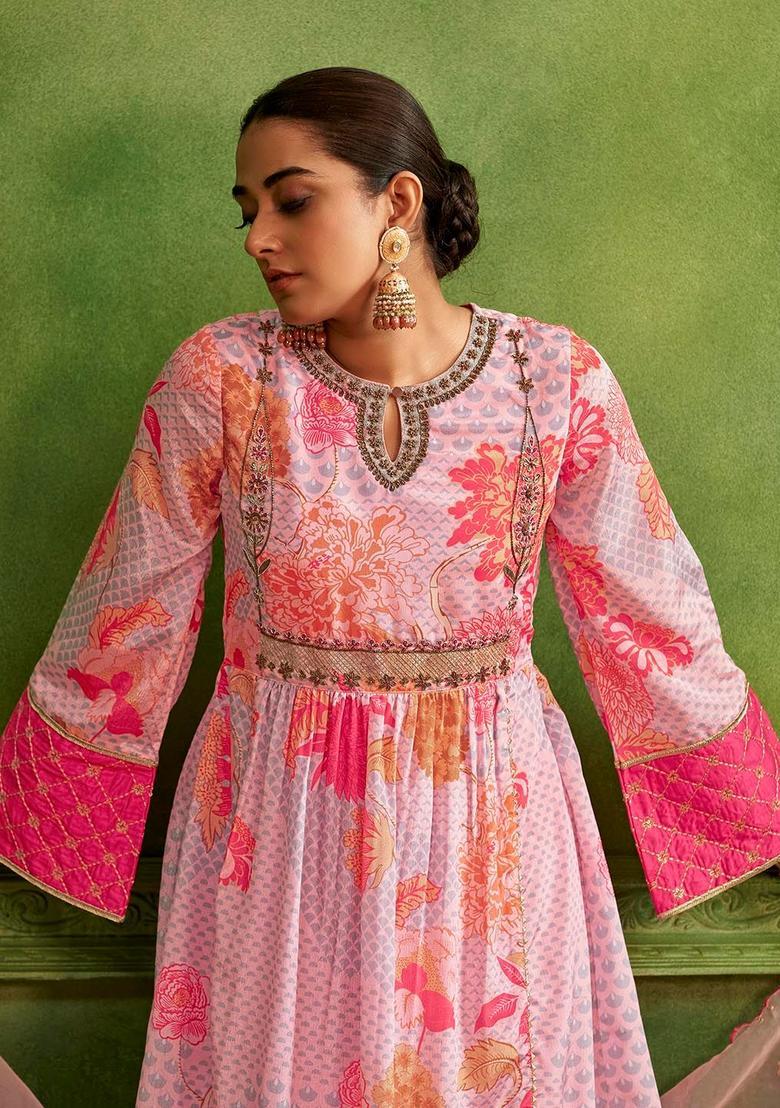 Pink Embroidered Cotton Anarkli Sets - Indya