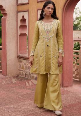 Lime Green Embroidered Tissue Kurta Sets