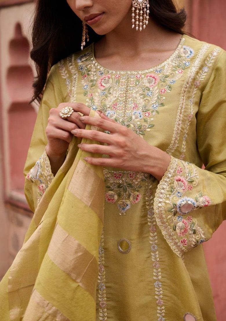 Lime Green Embroidered Tissue Kurta Sets - Indya
