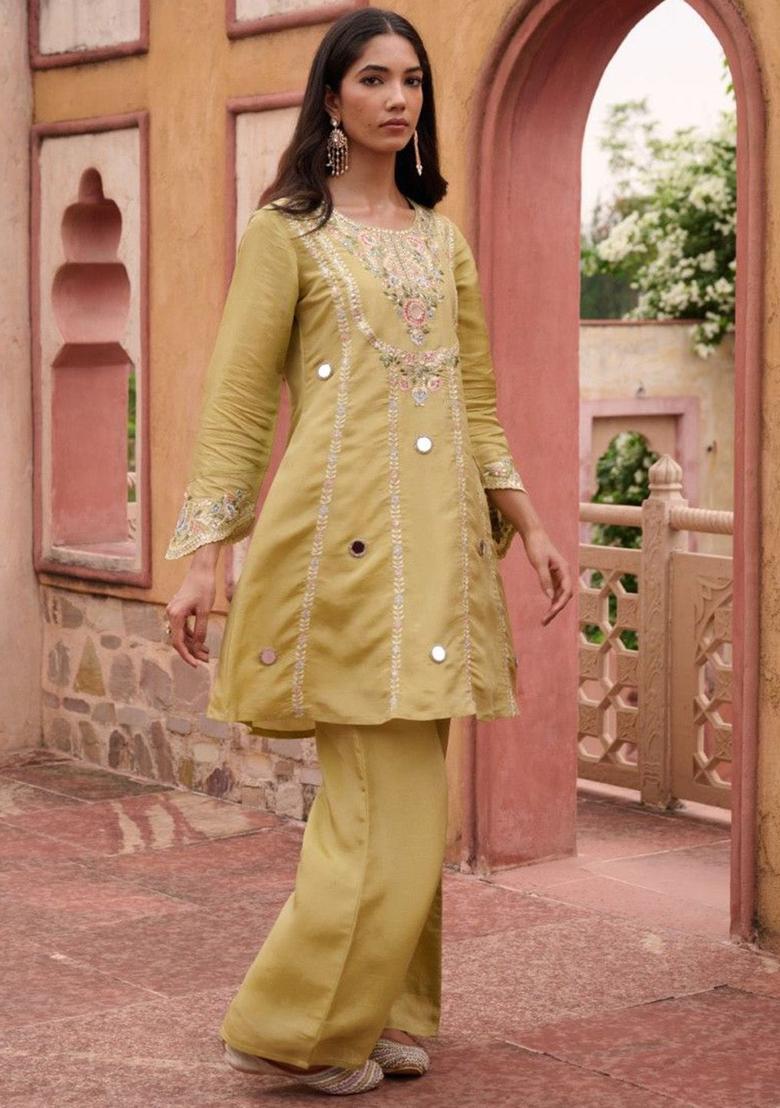 Lime Green Embroidered Tissue Kurta Sets - Indya