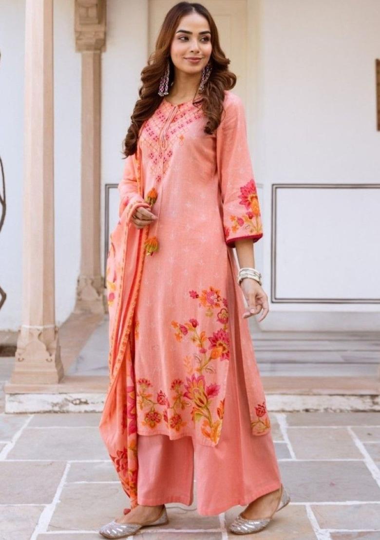 Peach Printed Cotton Kurta Sets - Indya