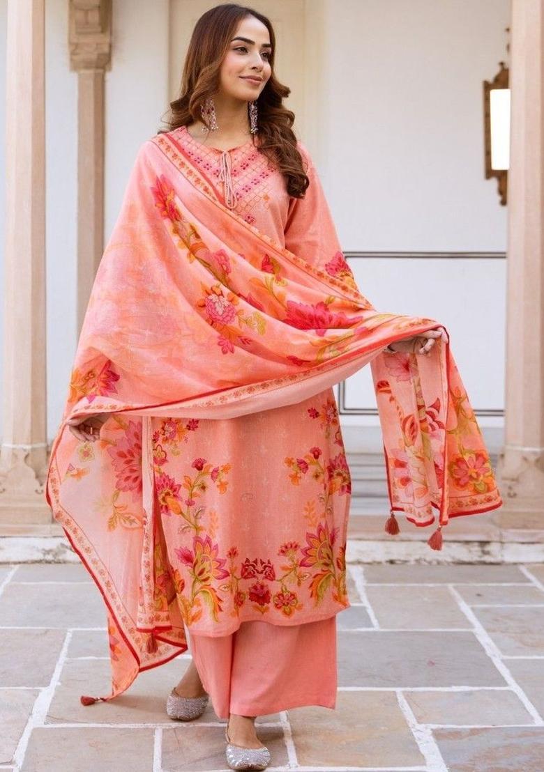 Peach Printed Cotton Kurta Sets - Indya