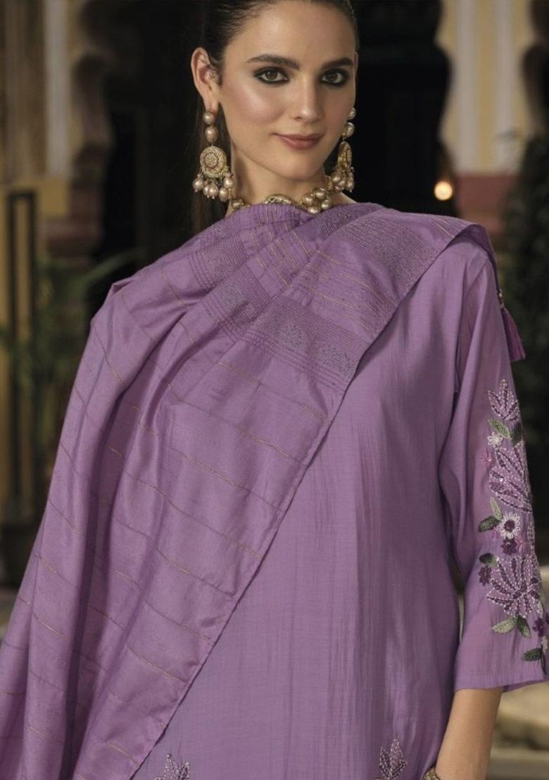 Lavender Embroidered Cotton Kurta Sets - Indya