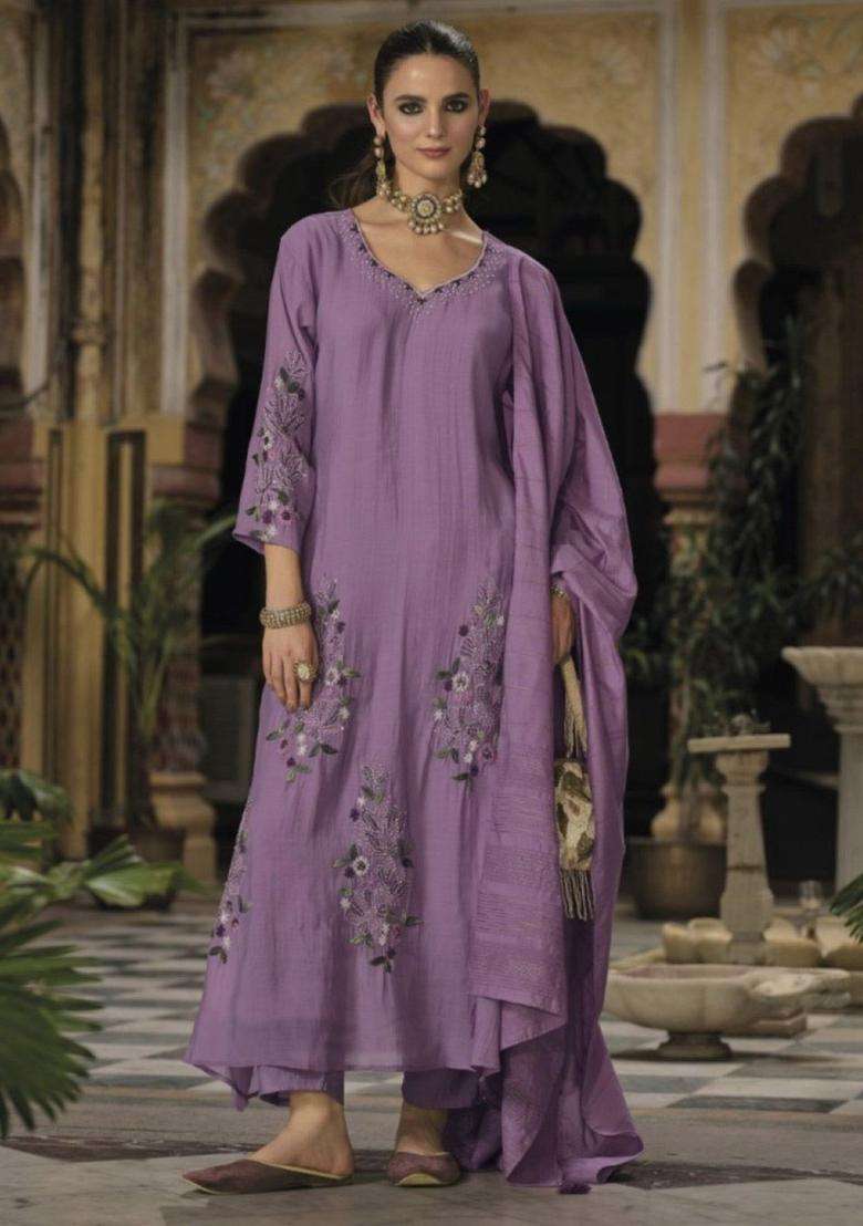 Lavender Embroidered Cotton Kurta Sets - Indya