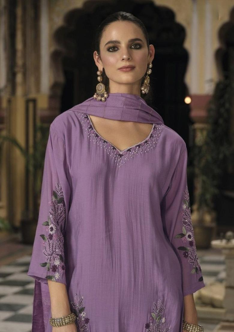 Lavender Embroidered Cotton Kurta Sets - Indya