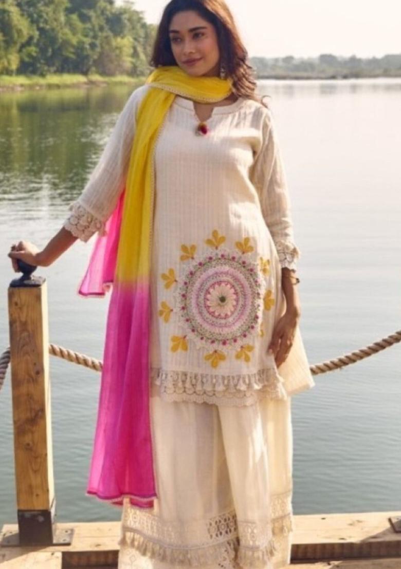 Off White Embroidered Cotton Kurta Sets - Indya