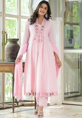 Pink Embroidered Cotton Anarkli Sets