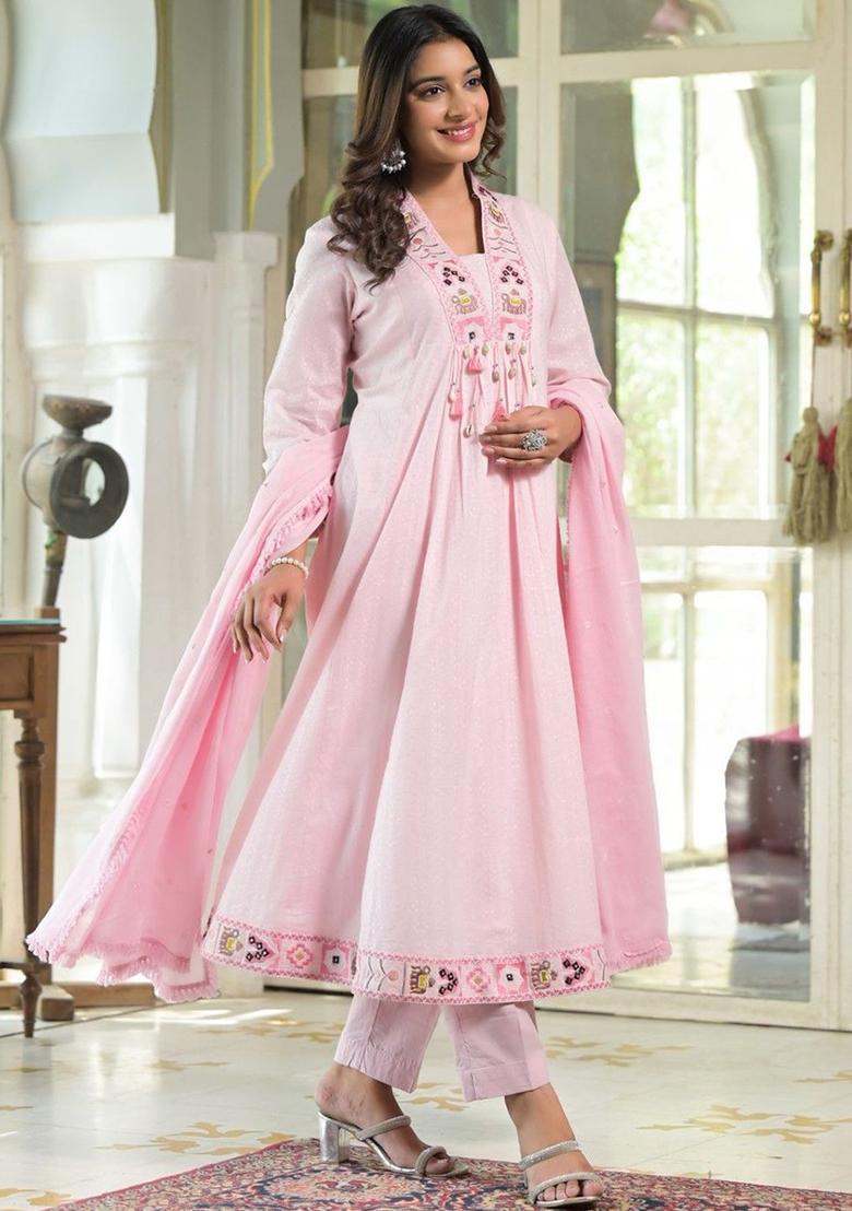 Pink Embroidered Cotton Anarkli Sets - Indya