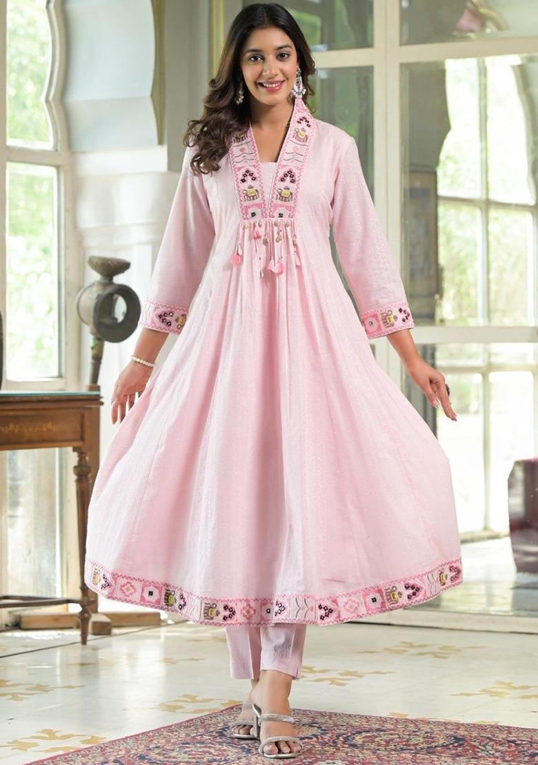 Pink Embroidered Cotton Anarkli Sets - Indya
