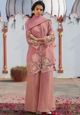 Pink Embroidered Tissue Kurta Sets