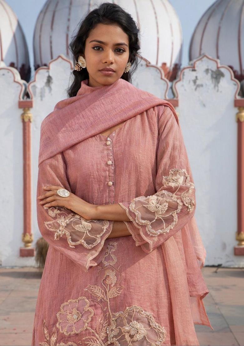 Pink Embroidered Tissue Kurta Sets - Indya