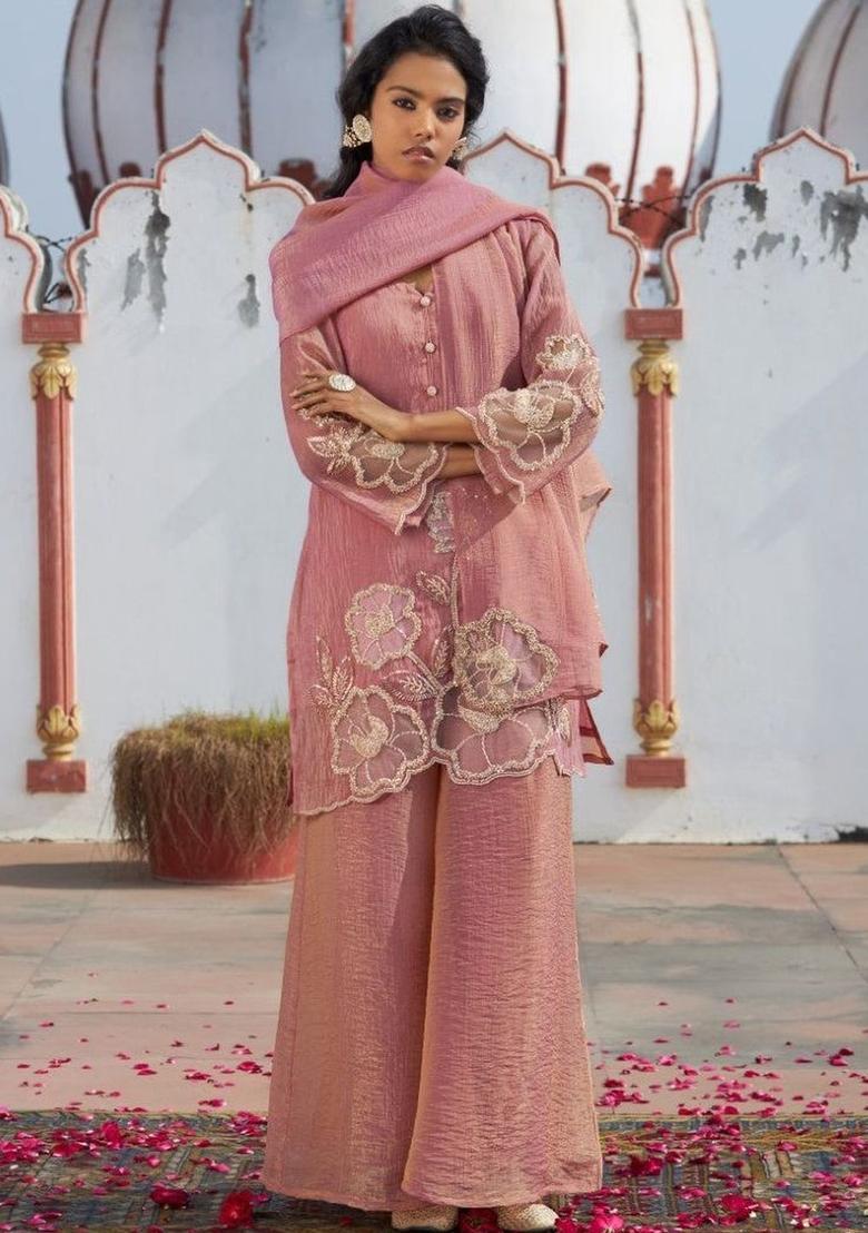 Pink Embroidered Tissue Kurta Sets - Indya