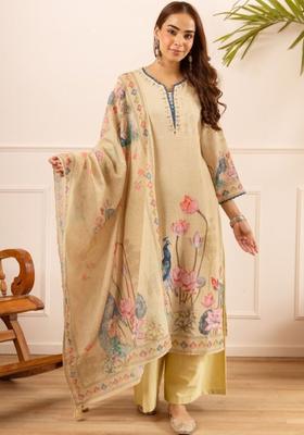 Beige Printed Cotton Kurta Sets