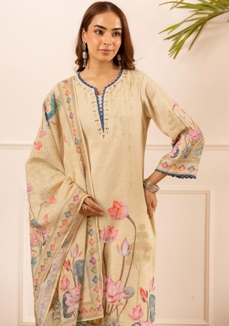 Beige Printed Cotton Kurta Sets - Indya