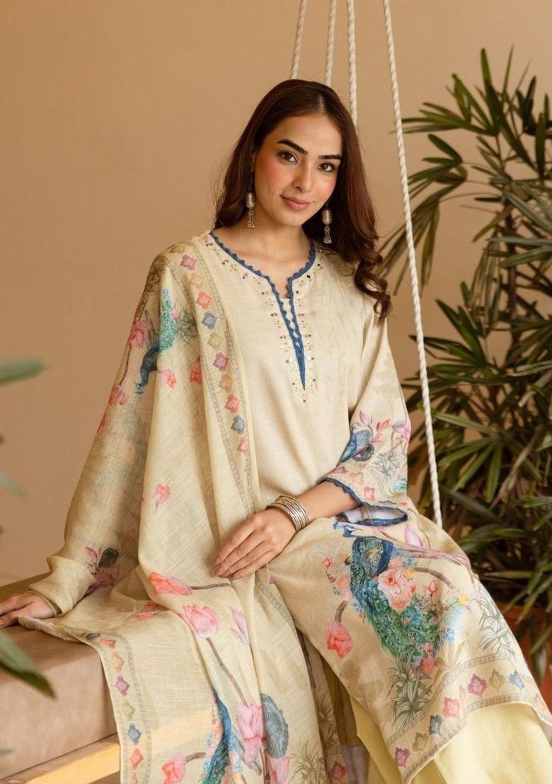 Beige Printed Cotton Kurta Sets - Indya