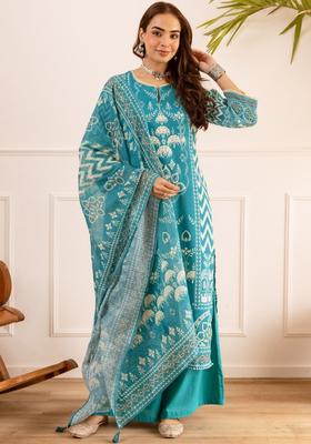 Turquoise Blue Printed Cotton Kurta Sets