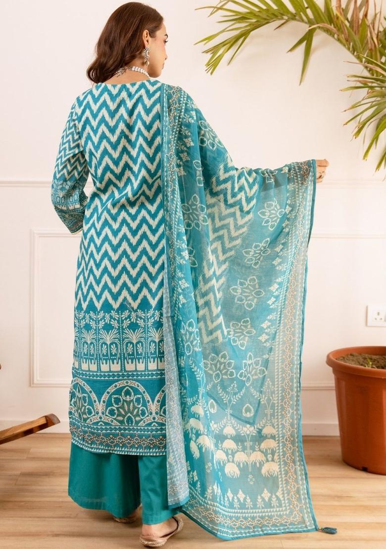Turquoise Blue Printed Cotton Kurta Sets - Indya