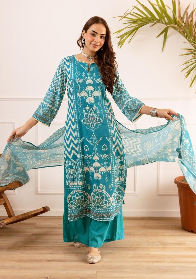 Turquoise Blue Printed Cotton Kurta Sets - Indya