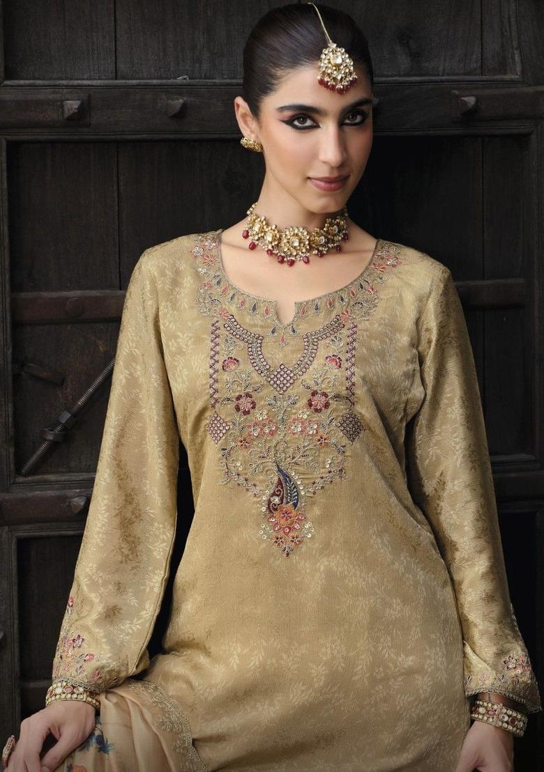 Gold Embroidered Cotton Kurta Sets - Indya