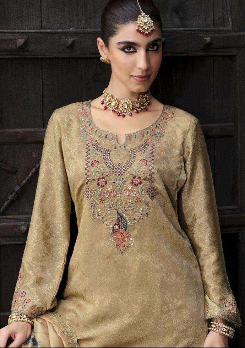 Gold Embroidered Cotton Kurta Sets - Indya