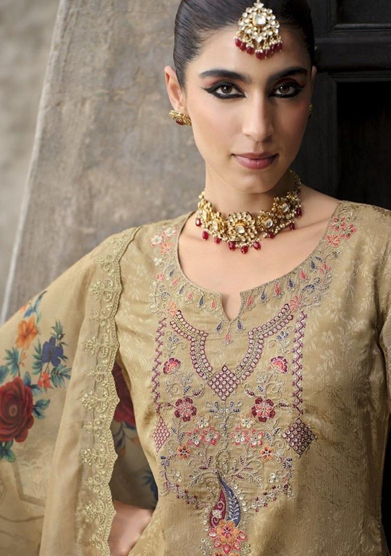 Gold Embroidered Cotton Kurta Sets - Indya