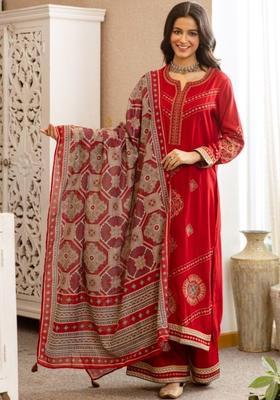 Red Embroidered Cotton Kurta Sets