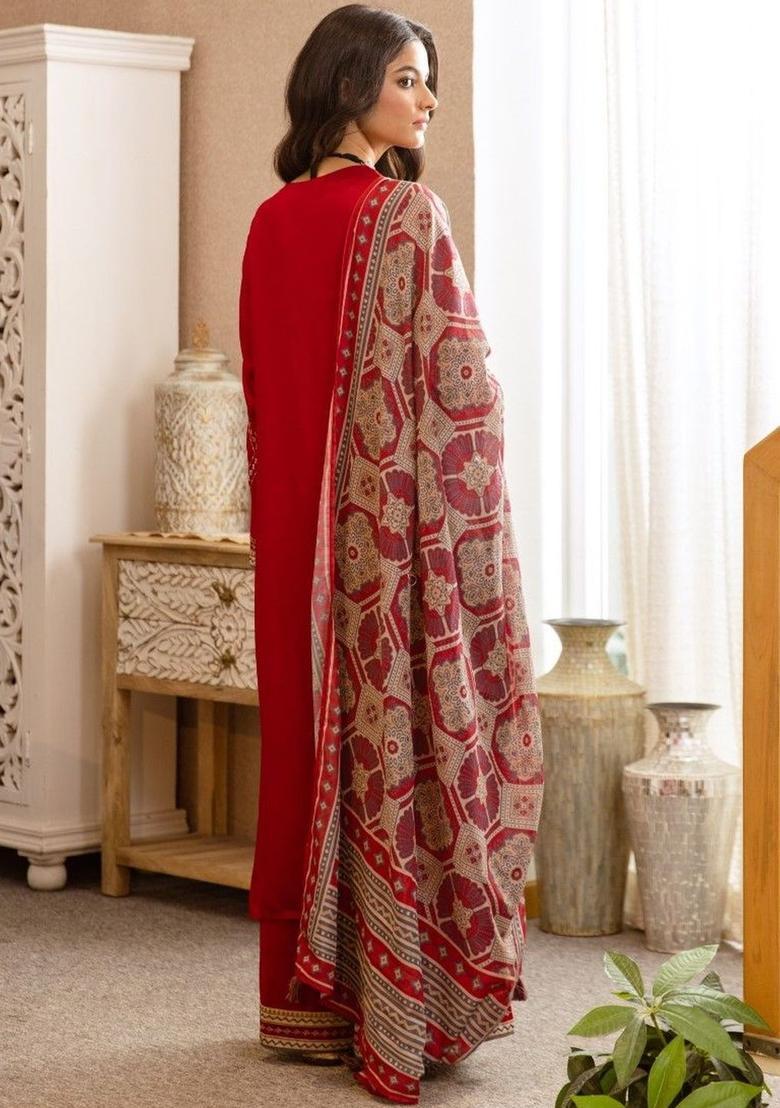 Red Embroidered Cotton Kurta Sets - Indya