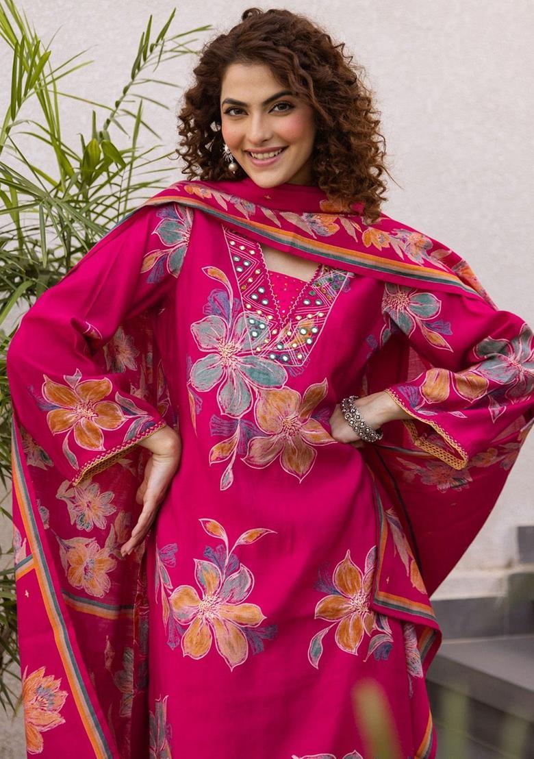 Pink Printed Viscose Kurta Sets - Indya